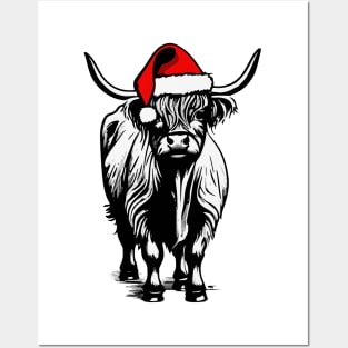 Christmas Highland Cow with Santa Hat Posters and Art